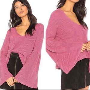 Free People Damsel Rose Ribbed V Neck Bell Sleeve Cotton Pullover Sweater Large